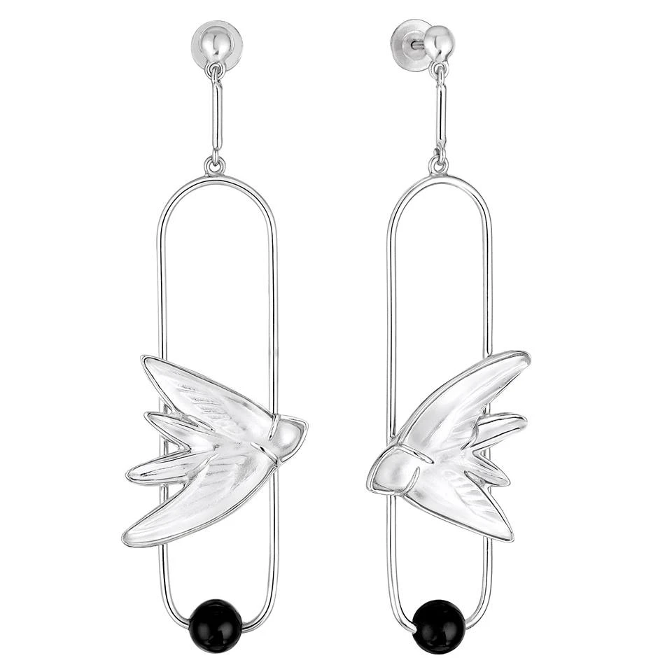 Lalique Hirondelles Duo Crystal and Onyx Earrings 1 Lalique Hirondelles Duo Crystal and Onyx Earrings