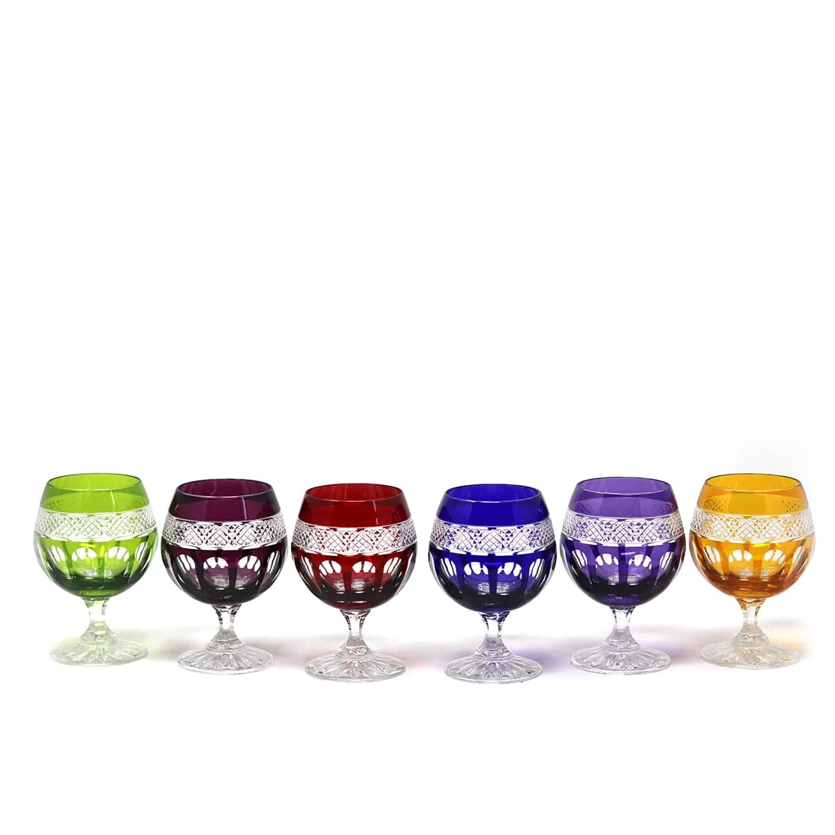 Cristal de Paris Mireille Set of 6 Hand-Cut Colored Crystal Cognac Glasses 1 Cristal de Paris Mireille Set of 6 Hand-Cut Colored Crystal Cognac Glasses