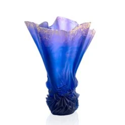 Vase Grand Modèle Drapé Bleu Nuit Doré A La Feuille D’or Croisière Daum